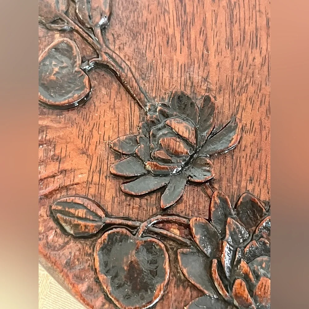 Antique Japanese Kamakura Bori Hand Carved Wood Mirror - Meiji Lotus Lacquerware